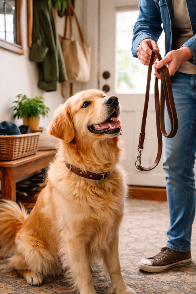 Man getting ready to take his dog for a walk.  He has the dog leash in his hands