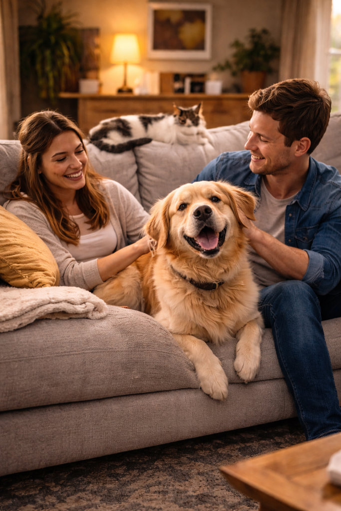 Couple sitting on their sofa petting their dog with their cat laying on the back of the sofa
