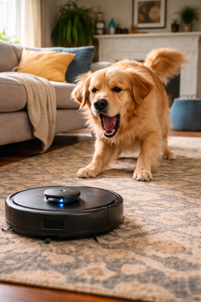 Large dog barking at a robotic vacuum