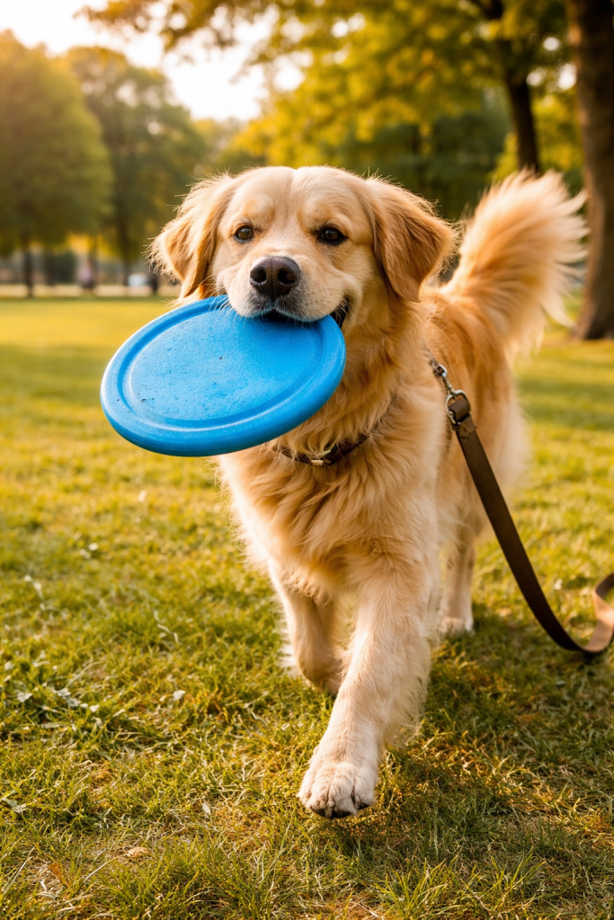Happy dog carrying his frisbee while walking in the park