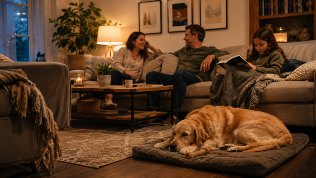 Cozy family evening with dog relaxing on his bed